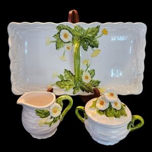 Vintage Lefton Sugar and Creamer Set  & Sandwich Tray Rustic Yellow Daisy #3856